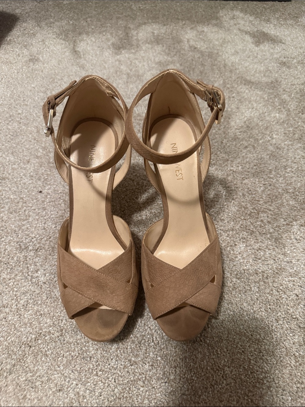 Nine West Tan Suede Crisscross Ankle-Strap Platform Heels